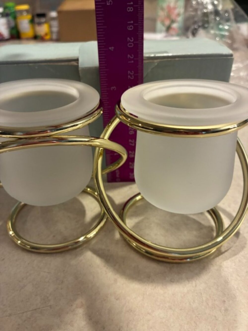 NIB PartyLite Gemini 2 Frosted Votive Candle Holder w/Interlocking Gold Rings - Picture 4 of 5
